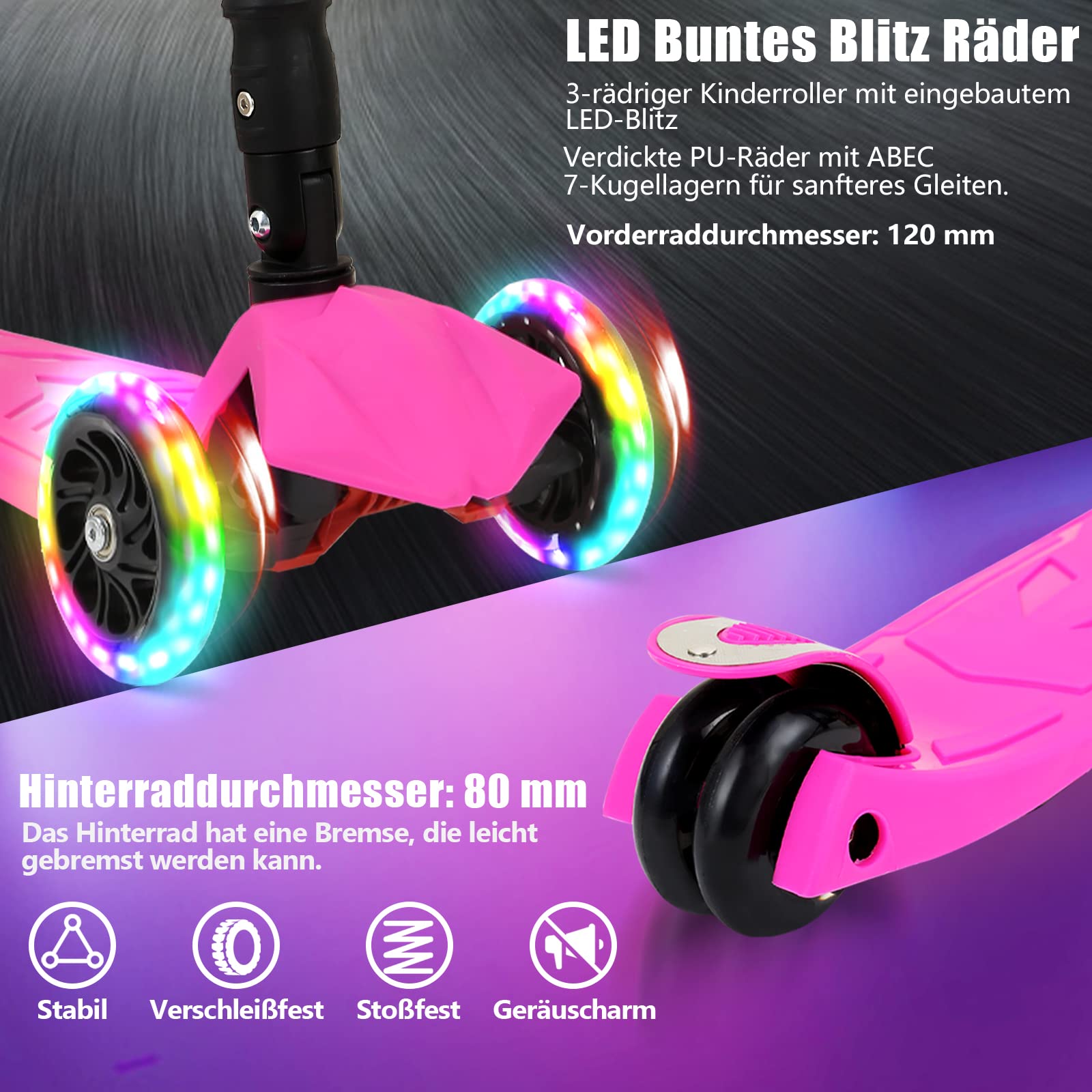 Monopattino per Bambini, scooter a tre ruote con ruote illuminate a LED, 4 Level scooter per bambini regolabile in altezza, max 50 kg, per scooter per bambini da 3-14 anni