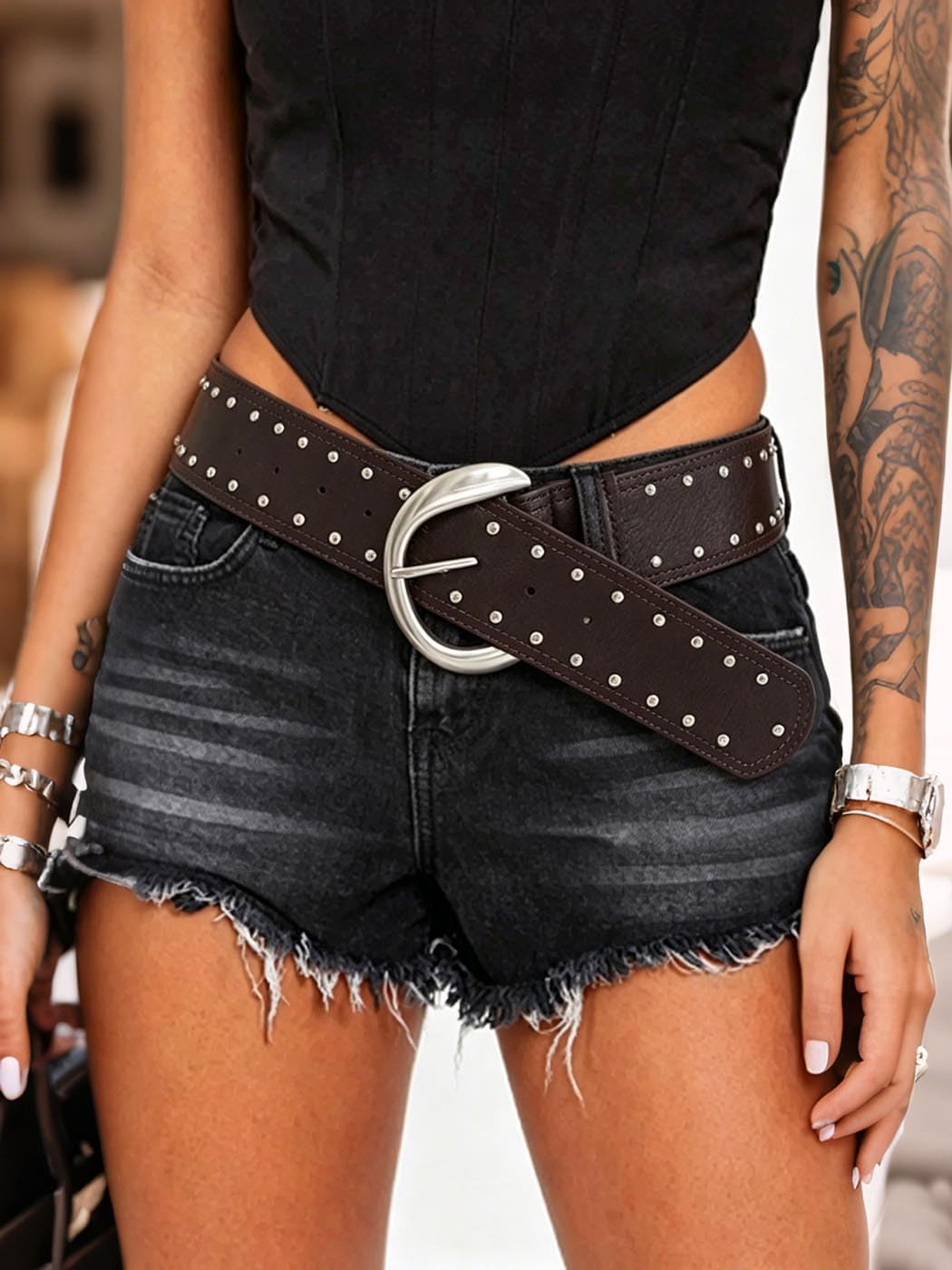 Women Black Chunky Belt Fashion Thick Belts for Dress Pants Y2K Studded Wide Belt Western Cowgirl Waist Belts image 3