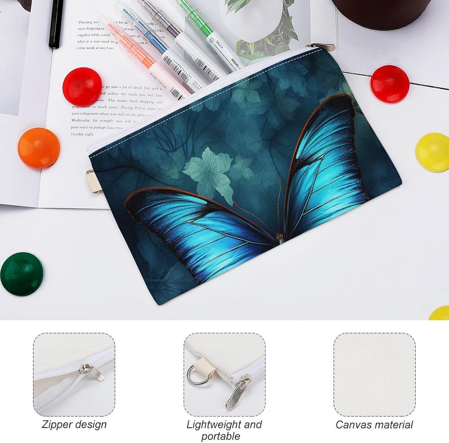Blue Butterfly Pattern Coin Purse Pouch for Men Women Travel Portable Check Wallet Zipper Bank Bag Canvas Coin Wallet Money Bag 7.4 in X 4.6 in Money Pouch Lightweight Change Holder