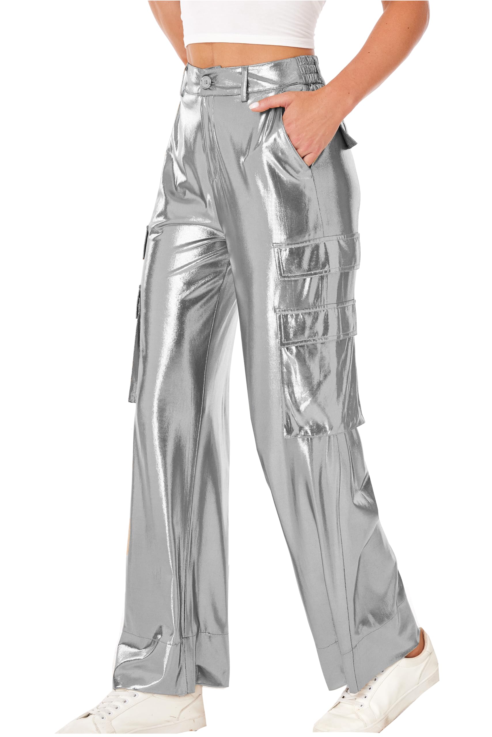 Womens Shiny Metallic Cargo Wide Leg Pants Party Club Hip Hop Wear Casual Slacks Pant