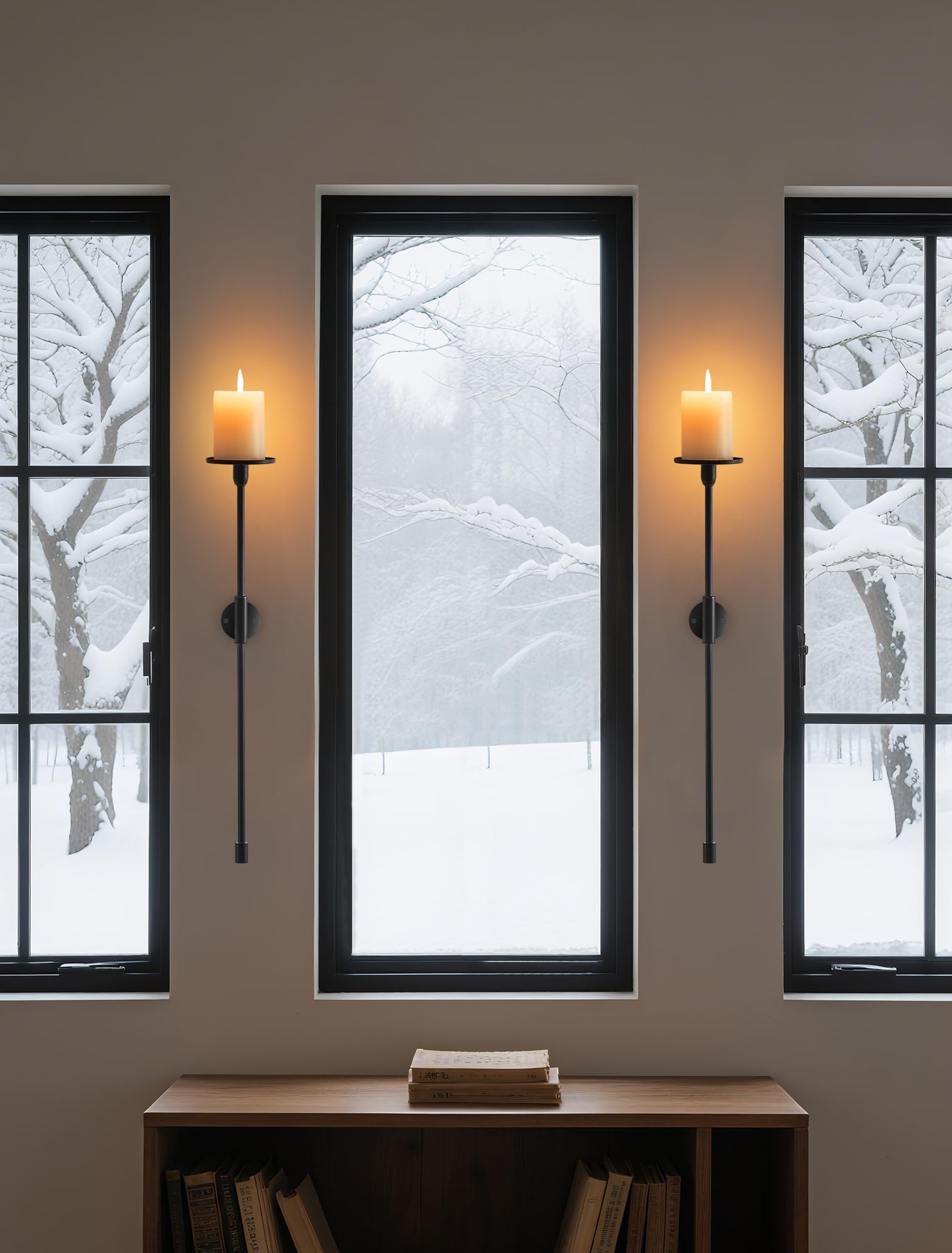 Sziqiqi Portacandele da Parete Nero: Applique da Parete Lunghe 60cm per Candele a Colonna - Candeliere da Parete in Metallo Set di 2 - Decorazione Murale Moderna per Soggiorno Bagno Camino Corridoio