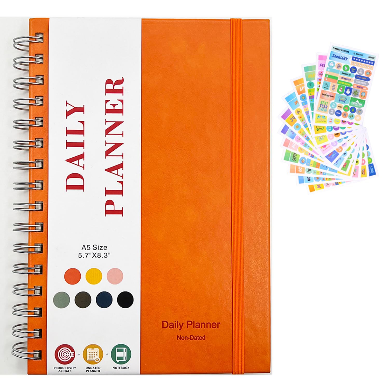 STAYOUNG Daily Planner Undated - Daily & Weekly Goals A5 Journal Notebook with 12 Stickers, To Do List, Elastic closure, Study Personal Planner Writing journal, 80 Sheets 21.5cm x 15cm (Orange)