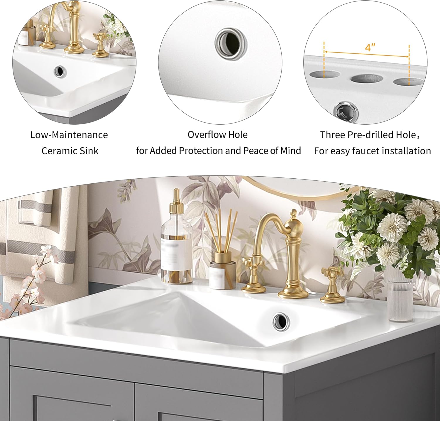 24 Inch Bathroom Vanity with Sink, Small Freestanding Bathroom Vanities with Soft-Close Double Door & Divider Drawer, Modern Single Sink Vanity Combo with Door Organizer for Small Bathrooms, Gray