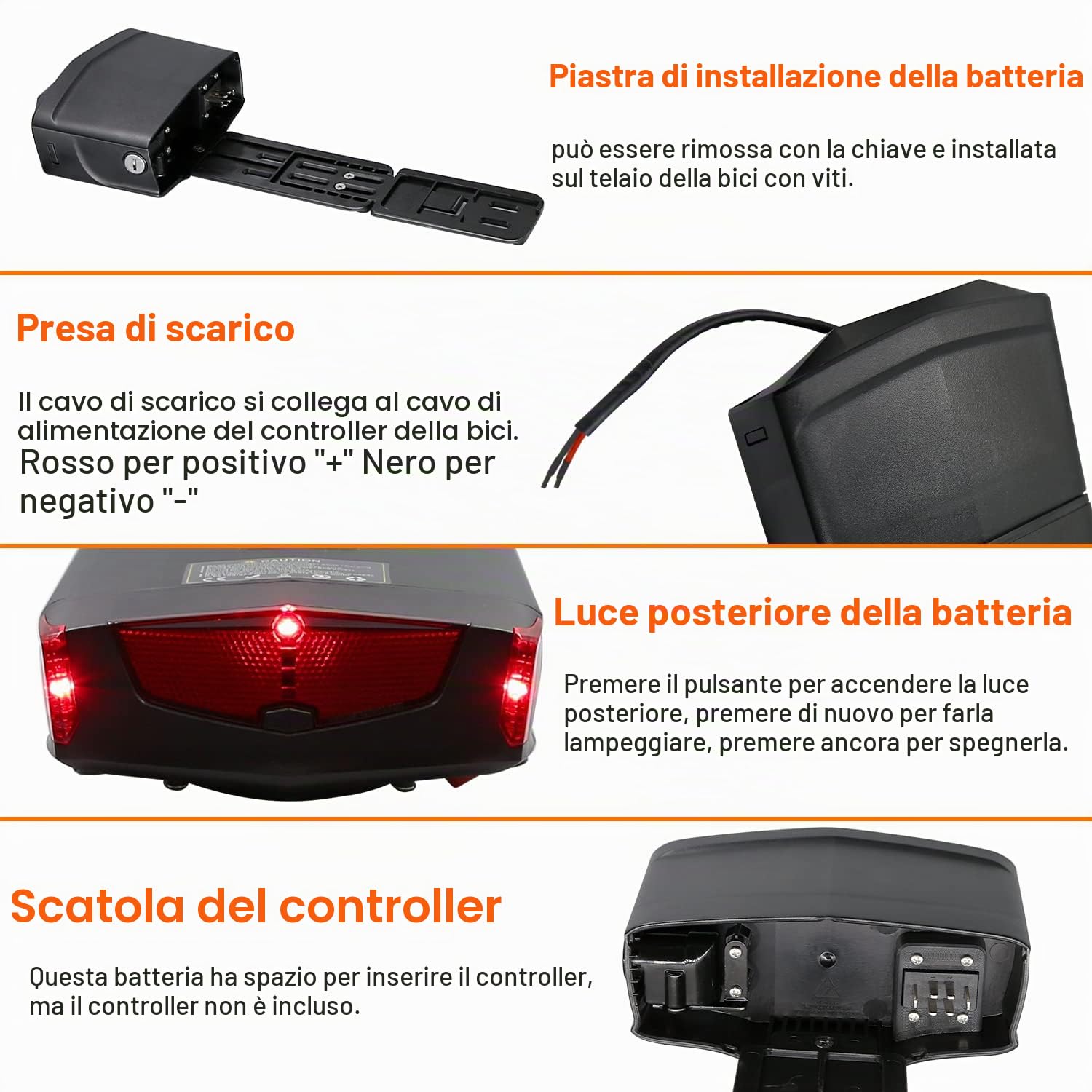 36 V 13 AH Batteria Bici Elettrica per Portapacchi con Caricabatterie, Interruttore di Accensione e Blocco di Sicurezza, Batterie per Biciclette Elettriche 26"- 28", per Motore