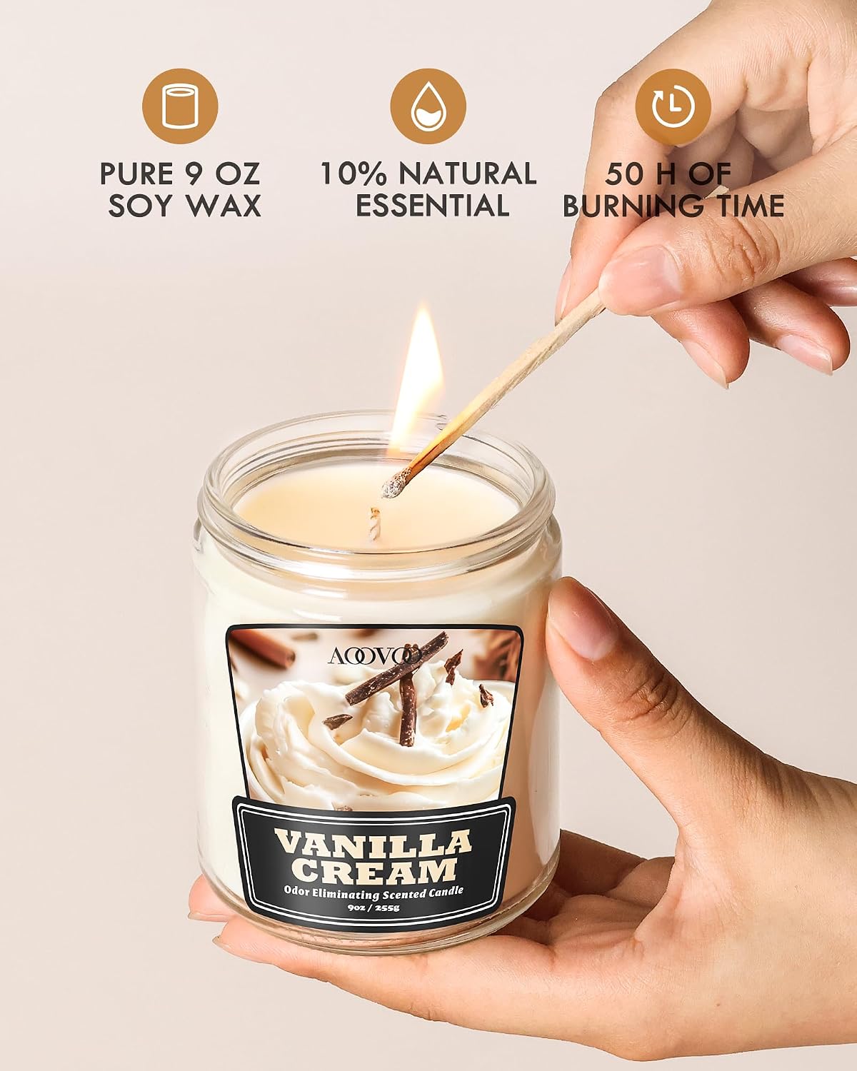 AOOVOO Vanilla Cream Odor Eliminating Candle - 9 oz Non Toxic Highly Fragranced Air Freshing Soy Candle, Eliminates 95% of Smoke, Pet, Food, and Other Smells Quickly, Up to 50 Hours Burn time