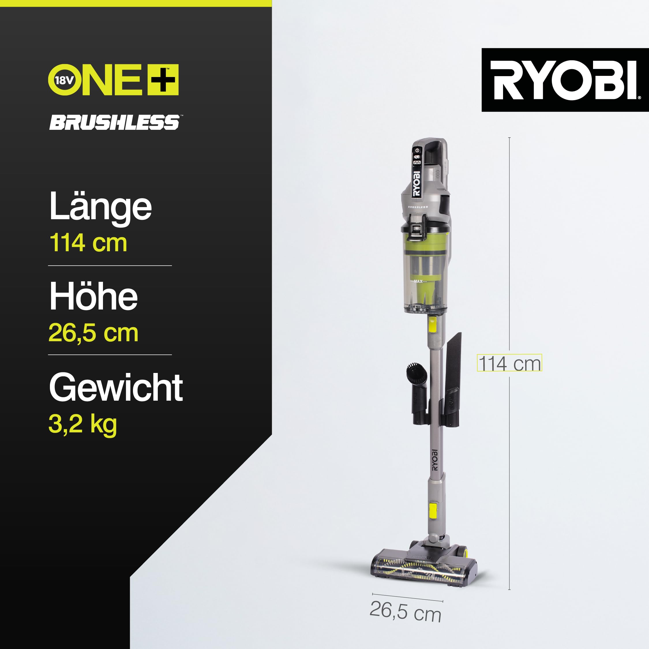 RYOBI 18 V ONE+ Brushless Akku-Staubsauger RSVS18BL-0, 90 AW Saugleistung, Dual-Zyklon-Filtration, HEPA-Filter, LED-Kopfbeleuchtung, ohne Akku und Ladegerät, Anthrazit