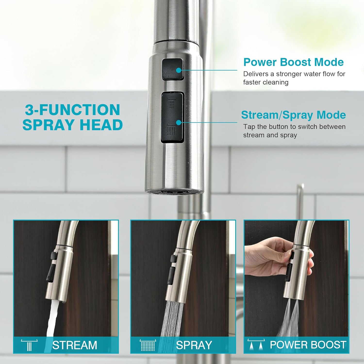 Kitchen Faucet, Brushed Nickel Kitchen Faucet with Pull Down Sprayer, High Arc Single Handle Stainless Steel Kitchen Sink Faucet 1 or 3 Hole, Bar Sink Faucet with 3 Modes Power Clean Deck Plate