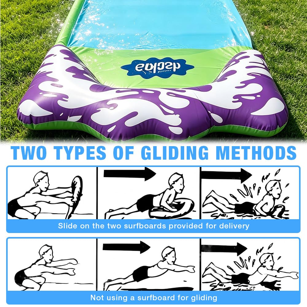 Scivoli d'acqua da 480 cm e 2 bodyboard, scivolo d'acqua per bambini, scivolo estivo per prato con irrigatore e piscina per bambini, adulti, cortile all'aperto (blu)