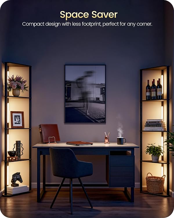 GOEBLESON 63.4” Display Shelf with Light, Modern Corner Floor Lampe with Shelves, LED Dimmable Standing Lamp with Remote for Living Room, Bedroom, Office, Adjustable CCT, Black Triangle B55LD05 by GOEBLESON - Used condition - Image 4