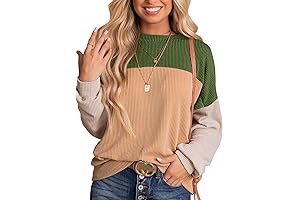 Womens Fashion 2024 Color Block Long Sleeve Crewneck Knitted Casual Loose Pullover Shirts Tops