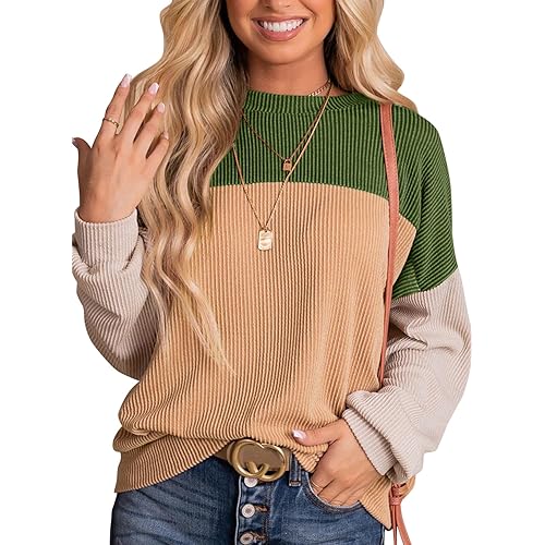 Dokotoo Womens Fashion 2024 Color Block Long Sleeve Crewneck Knitted Casual Loose Pullover Shirts Tops