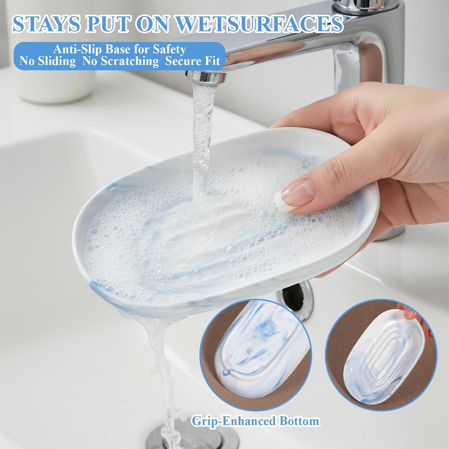 Ceramic Soap Dish, Blue Decorative Bathroom Soap Dish with Unique Marble Texture, Easy Clean Oval Decorative Soaps Tray for Bathroom & Kitchen image 3