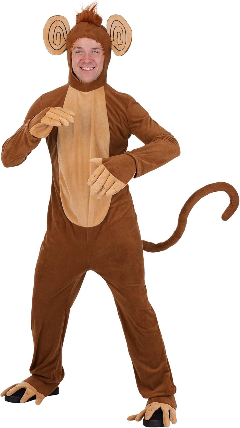 Adult Monkey Halloween Costume | Circus Monkey for Men and Women with Hooded Jumpsuit with Attached Gloves and Shoe Covers