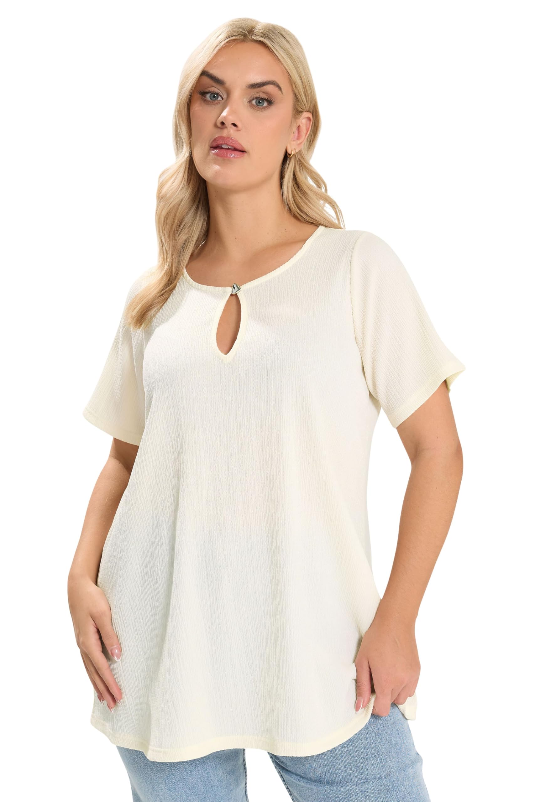 Yours Women's Ivory Curve White Textured Keyhole Detail Top - Plus Size Curve