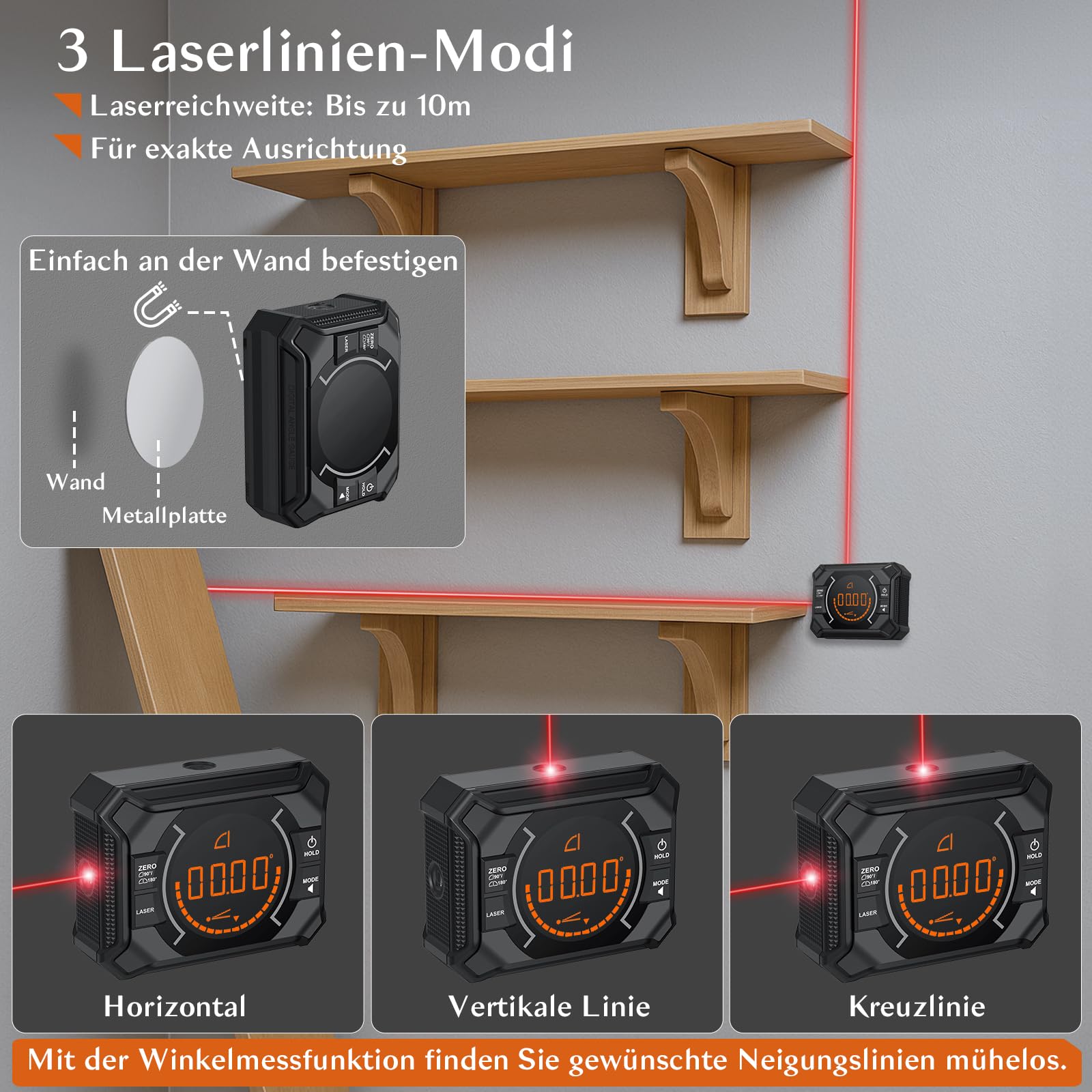 3 IN 1 Digitaler Winkelmesser, Laser Wasserwaage Neigungsmesser mit Magnet Aufladbar Winkelmessgerät, Wasserwaage 10m Kreuzlinien Laser für Rohr- Holzarbeitung Hängerahmen Sägen Schwarz