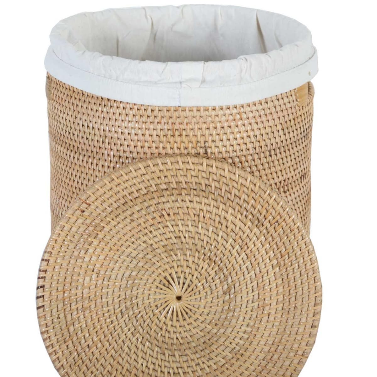 Rattan Wäschekorb CLEO M 30x40cm (DxH) in Natur Beige Braun rund mit Deckel & Innensack | Boho Wäschesammler mit Griff Aufbewahrungskorb rustikal geflochten LOM20031