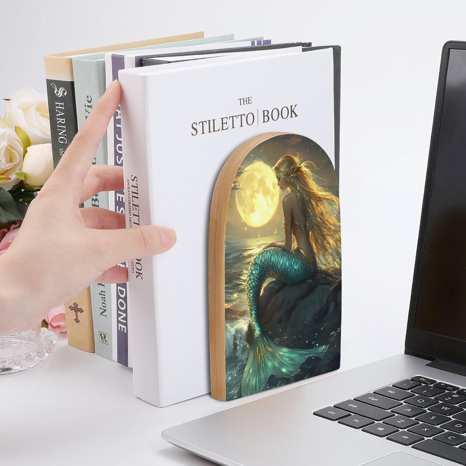 Mermaid with Full Moon Cute Wood Book Ends Decorative Bookends 1 Pair Non-Skid for Shelves Home Office 7 X 5 Inch