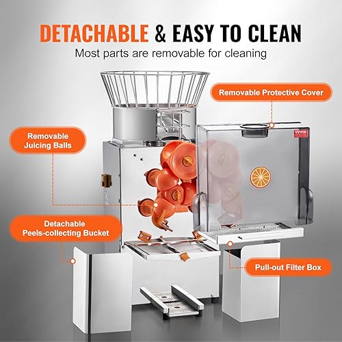 Miniatura 5 de VEVOR Exprimidor de naranja comercial, extractor de jugo de alimentación automática de 120 W, extractor de jugo de acero inoxidable para 25 naranjas