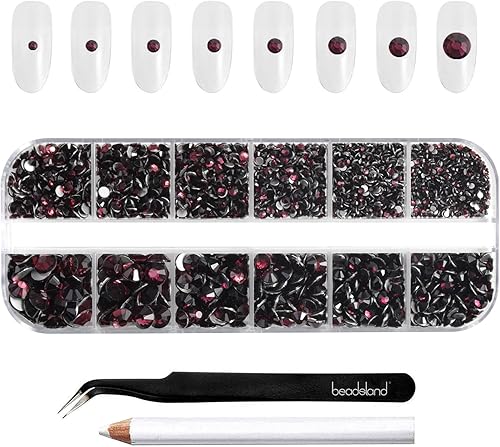 Beadsland Diamantes de imitación para maquillaje, 8 tamaños, 2500 unidades de diamantes de imitación con parte trasera plana color burdeos, gemas