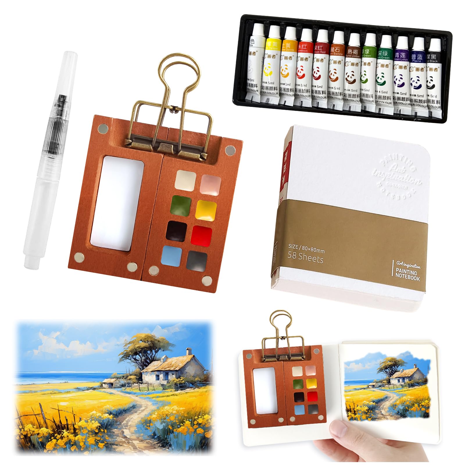 Pocket Artist Watercolour Travel Set,8 Grids Wooden Travel Paint Palette,Watercolour Sketchbook,Mini Portable Watercolor Palette Set with Metal Clip,Watercolor Pen,Gift for Painters and Artists