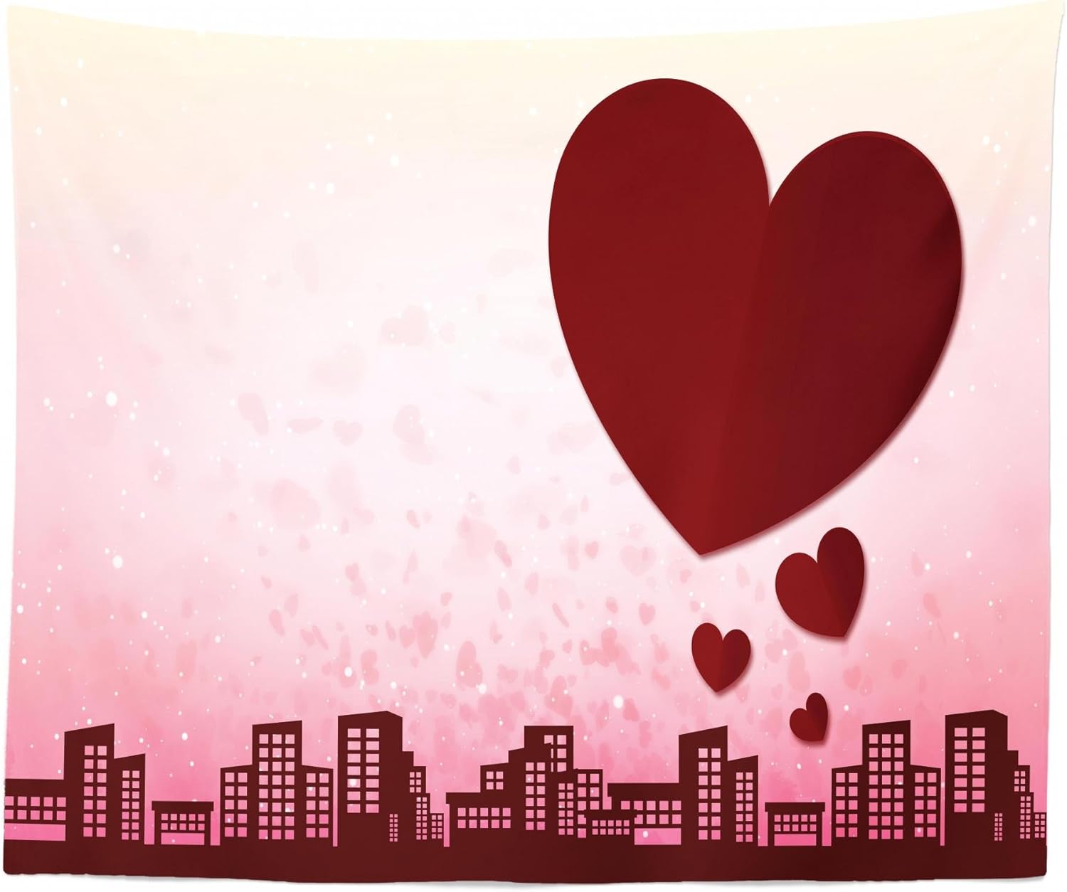 Lunarable City Love Tapestry, Valentines Day Concept City of Love Bubbly Hearts Above a Town, Fabric Wall Hanging Decor for Bedroom Living Room Dorm, 30" X 45", Pale Pink Burgundy
