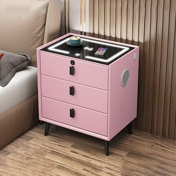Smart Bedside Table with Wireless USB Charging and Fingerprint Lock,Bedroom Side Table with Speakers and Smart Sensor LED Lights,Modern Nightstand,Multifunctional Locker - 50*40*46/59cm,Pin
