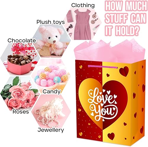 Miniatura 7 de JUESMOS Bolsa de regalo para el día de San Valentín de 13 pulgadas con papel de seda, bolsa de regalo para el día de San Valentín con asas, bolsa de