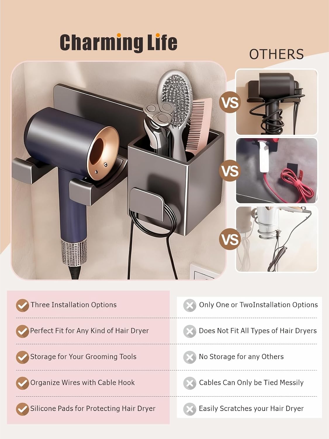 Hair Dryer Holder Wall Mounted with Tool Organizer, Blow Dryer Holder Compatible With Dyson/Shark, Hair Dryer Hanger Adhesive/Screw Mount for Bathroom, Vanity, Bedroom - Mg-Al Alloy, Gray