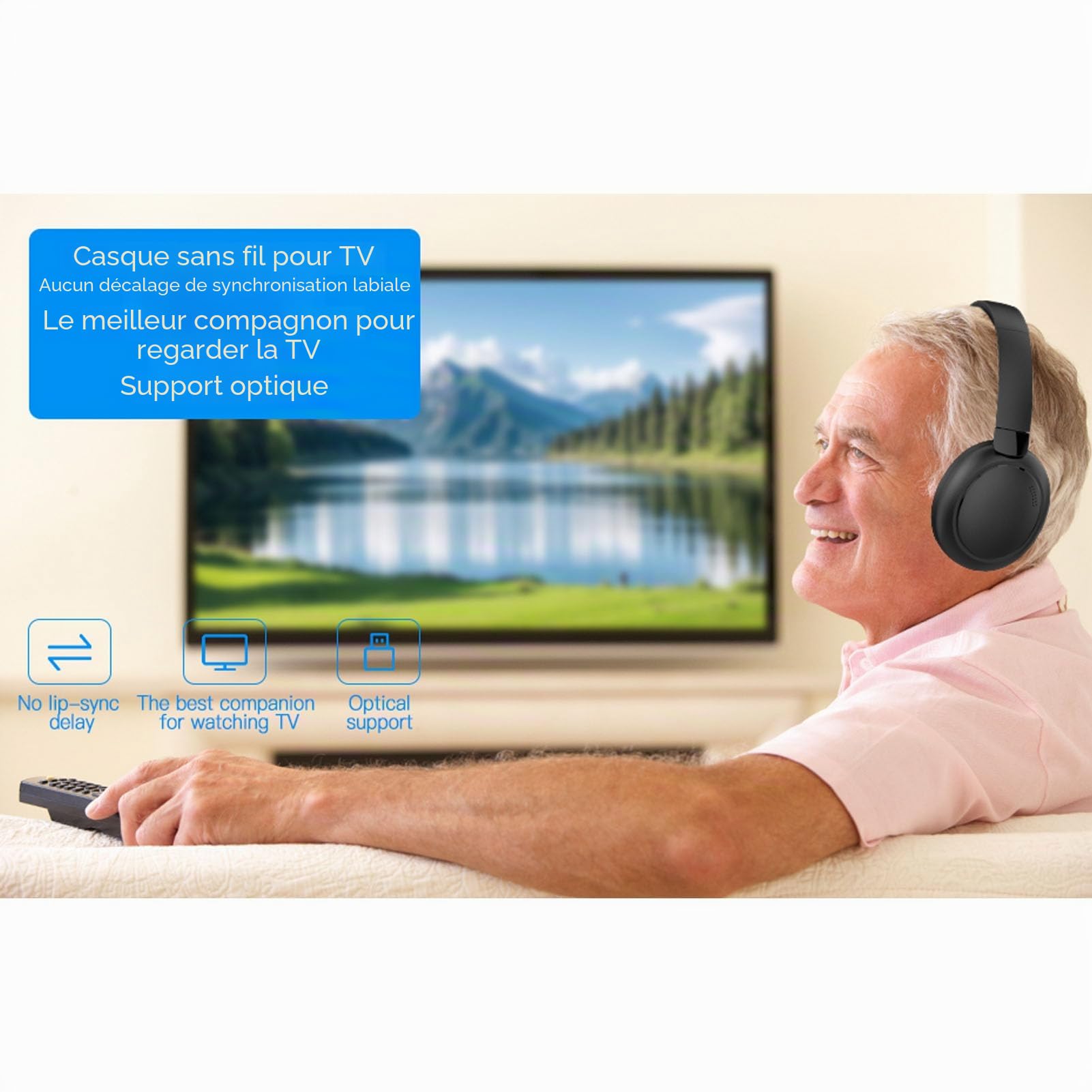 Tonysa Casque TV sans Fil avec Interfaces Optiques et AUX, Temps de Lecture de 50 Heures, Connexion à Double Périphérique, avec Quai de Chargement (Prise UE)