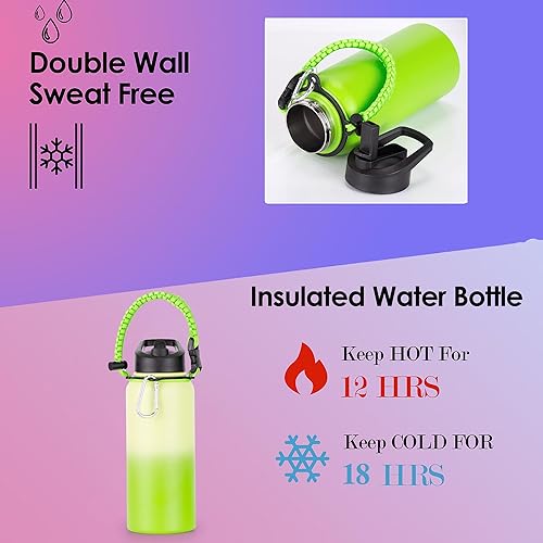 Miniatura 4 de Botellas de agua de 32 onzas a granel con tapa de popote y boquilla y asa de paracaídas, paquete de 2 botellas de agua aisladas, doble pared, aptas