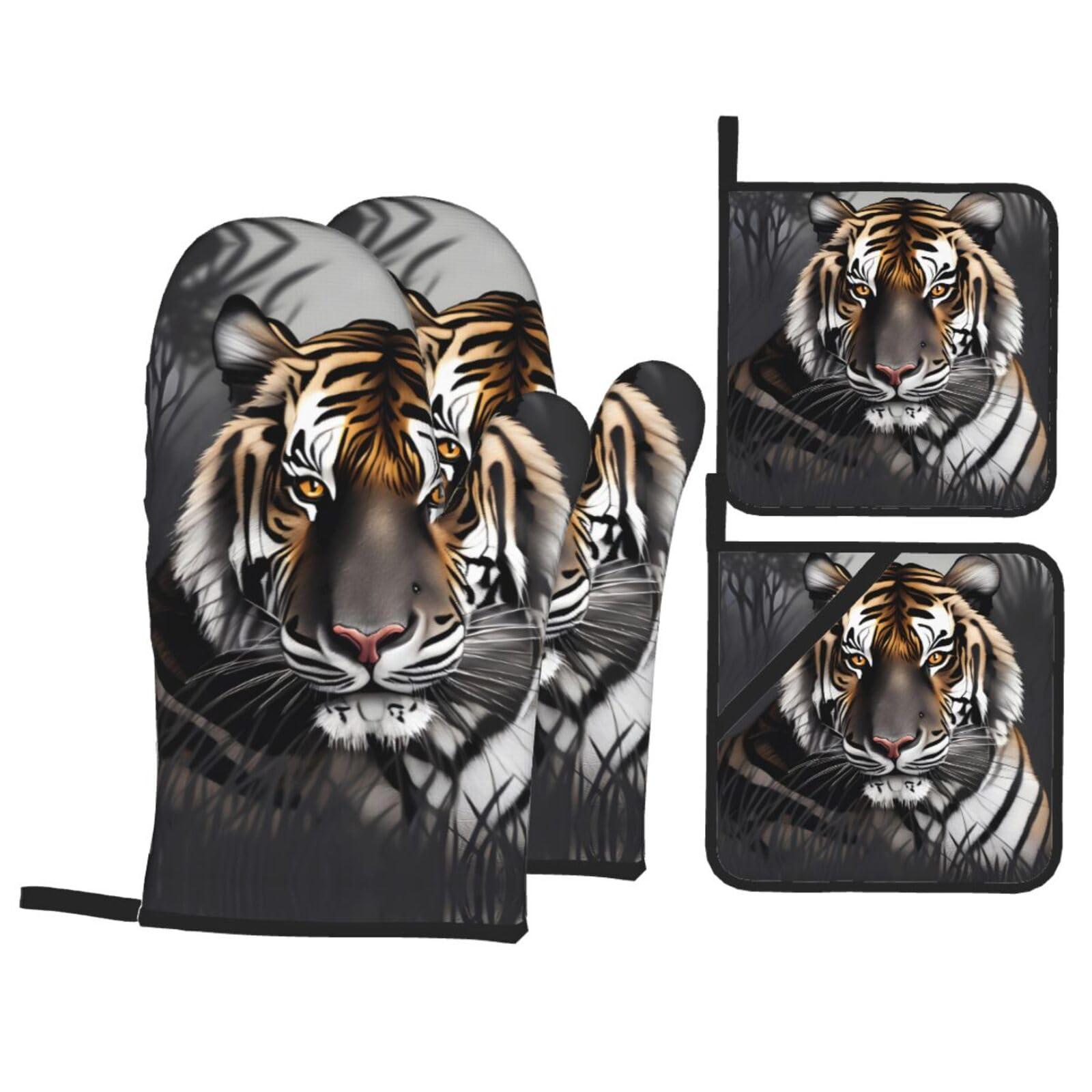 WHJSSF Tiger at rest Prints Kitchen Baking Set - 4-Piece Heat Protection Layers with Waterproof Potholders for Oven, Grill & Serving