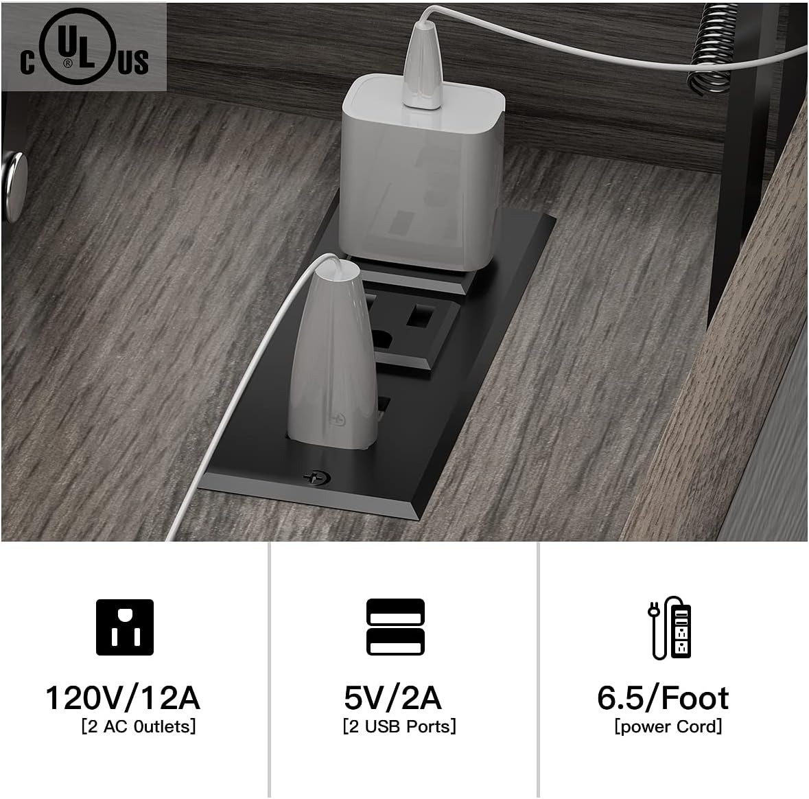Close-up of the integrated charging station with two AC outlets and two USB ports.