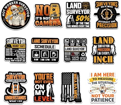 12pcs-6in Funny Surveyor Stickers Pack, Surveyor American Flag Sticker Gift for Construction Workers Engineers Surveying Sticker, Land Surveyors Theodolite Decal for Toolbox Hard Hat Phone Case Bottle