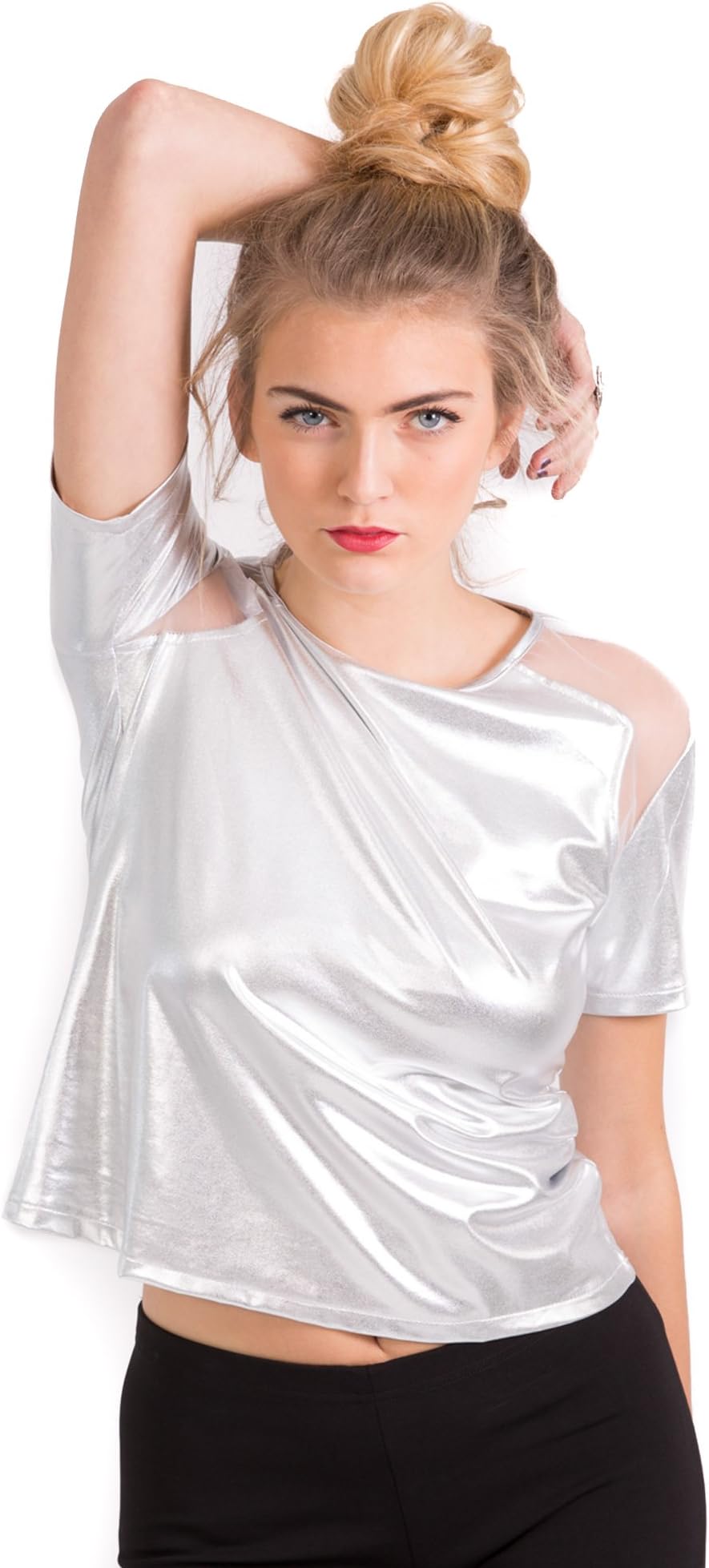 Hidden Fashion Ladies Short Sleeve Wet Look Metallic Mesh Insert T-Shirts/Tops