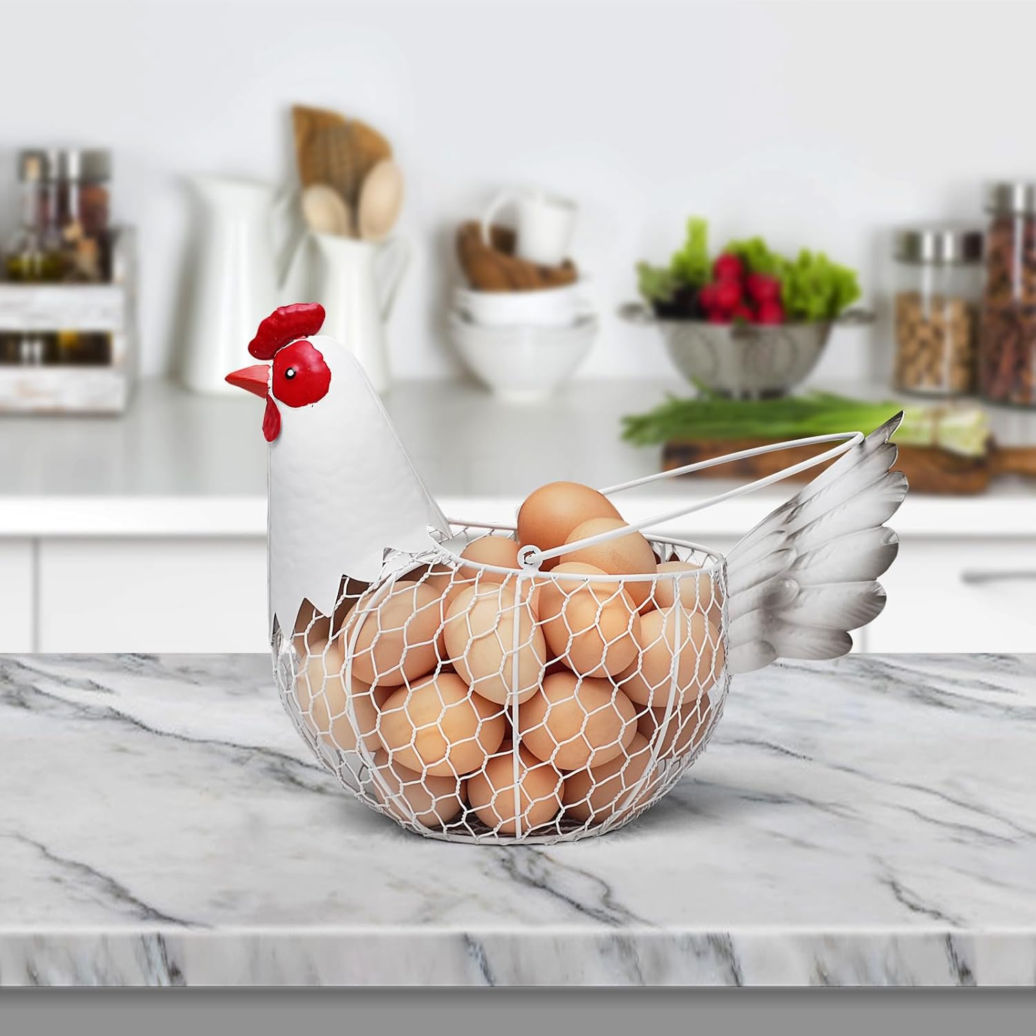 Farmhouse Rustic White Chicken Wire Metal Egg Basket With Handle,Vintage Rooster Decorative Chicken Shaped Fruit Basket Bowl for Kitchen Countertop Living Room Home Farm Table Decor
