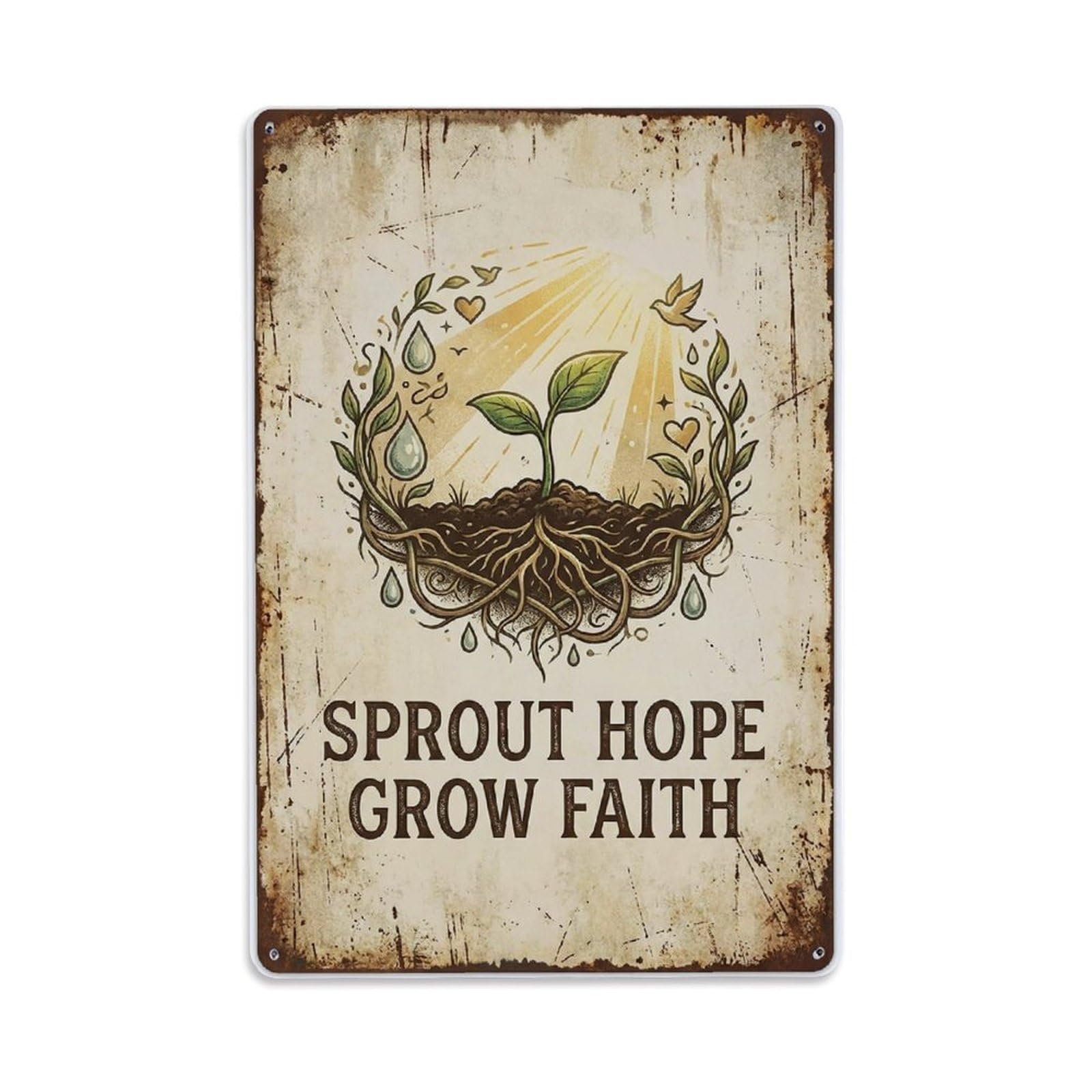 Fqnyr Style Sprout Hope Grow Faith Seedling Metal Tin Sign Plaque Wall Decor For Cafe, Club Bar, Office, Home Garden Metal Poster 8X12inch