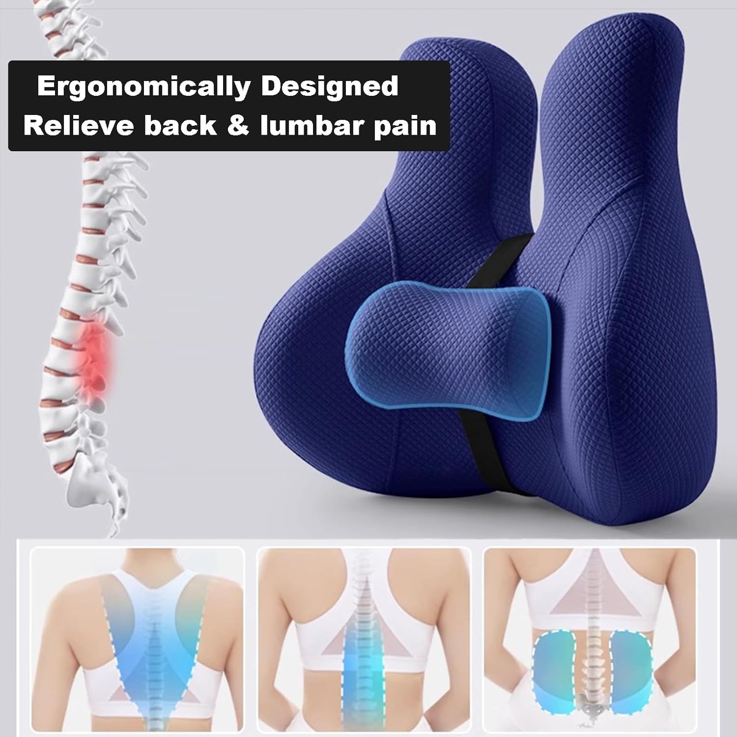 腰クッション低反発ランバーサポート人間工学腰痛改善グッズオフィス椅子背もたれ車用腰枕背もたれ クッション調節可能洗える着座車/自宅/
