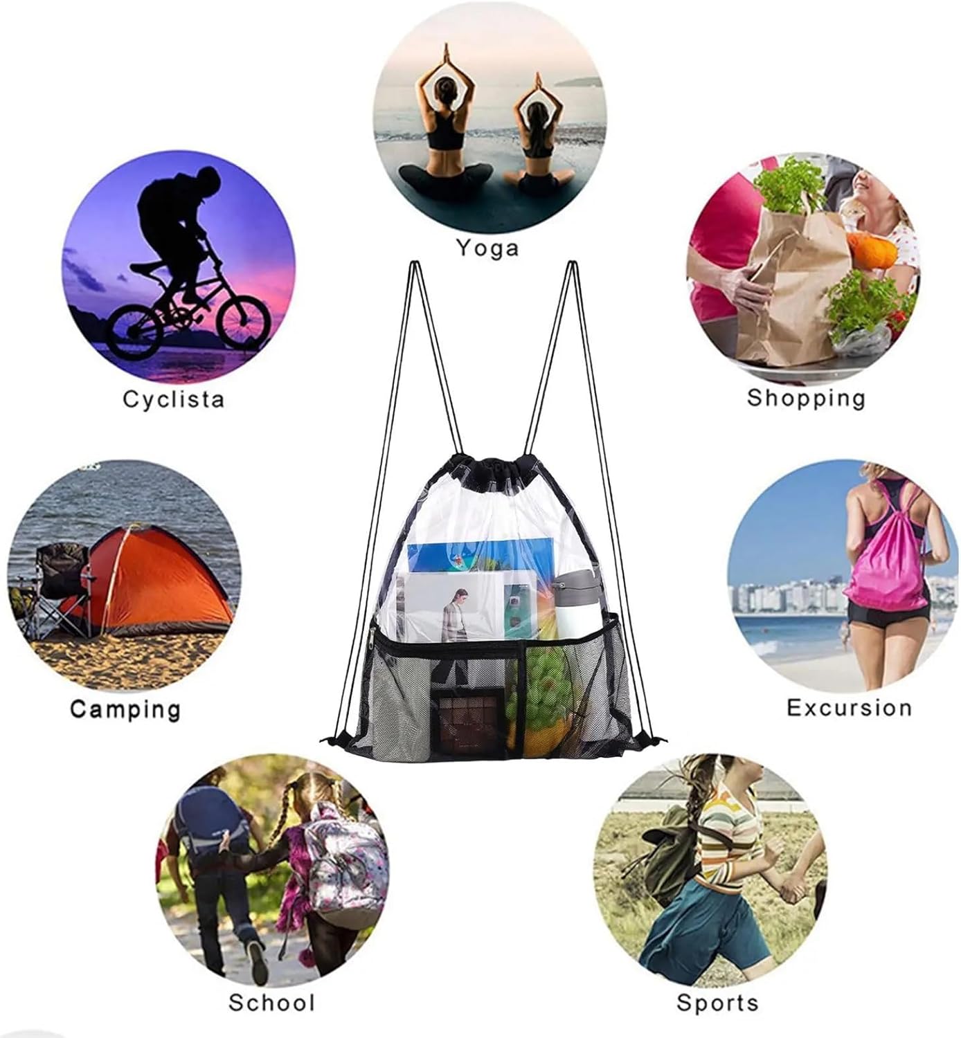 Clear Bags 4/10pcs Drawstring Backpack Clear Bags Athletic Pack For Gym Swim Beach Travel Work Clothes Outdoors(Black,4pcs)