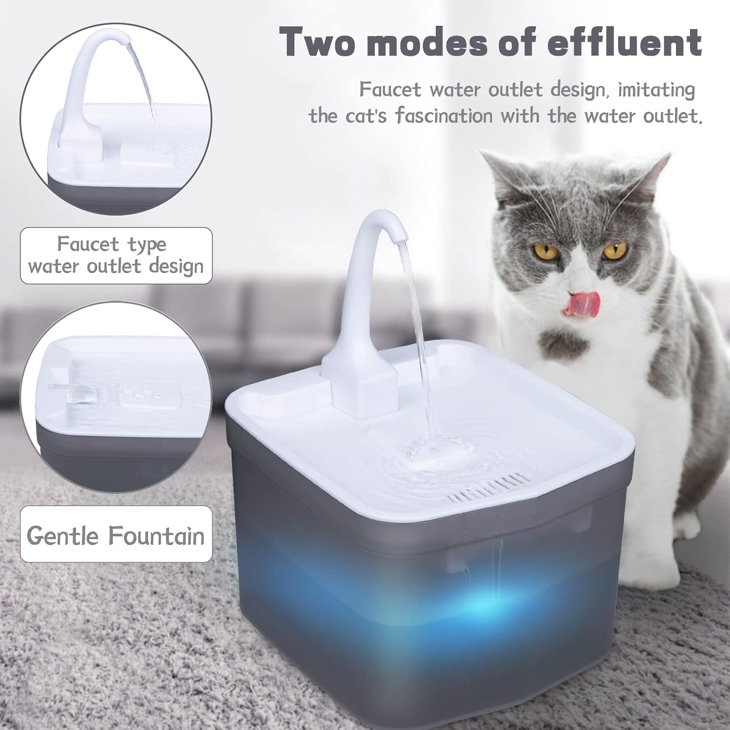 Automatic Cat Pet Water Fountain, Faucet spout, Translucent LED Light, 67oz, Ultra Quiet, AC Adapter (Grey)