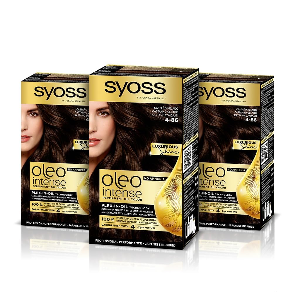 Syoss Oleo Intense - Tinte 4-86 Castaño Helado – Coloración permanente Sin Amoníaco – Cobertura profesional de canas – Resultados de peluquería (Pack De 3)