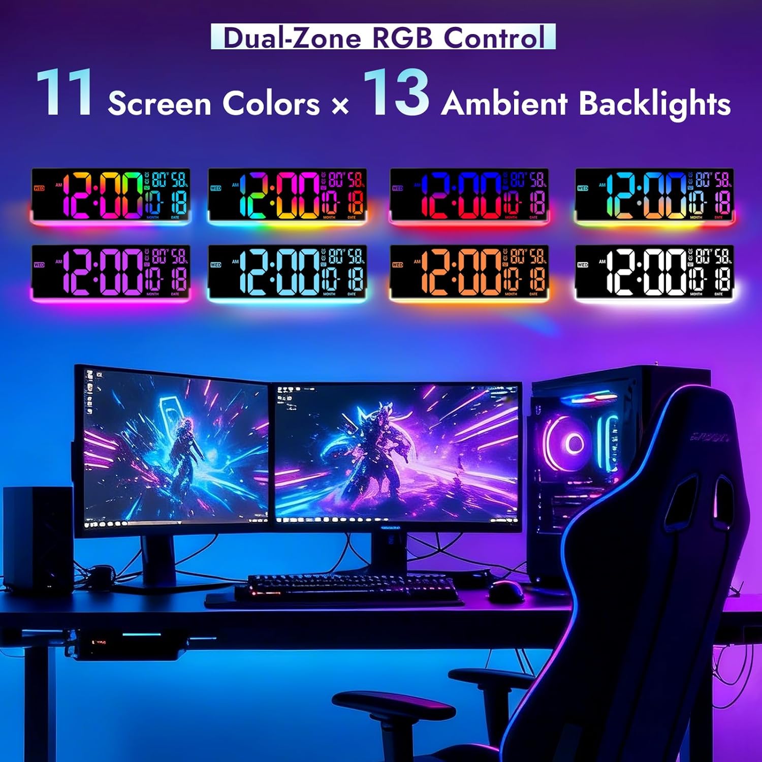 16.5" Large Digital Wall Clock: 11 Screen Colors and 13 U-Shaped RGB Backlight Modes with Sync Screen, Auto DST, Temp & Humidity, Dual Alarm & Timer – Digital Clock for Gym, Classroom, Gaming Room