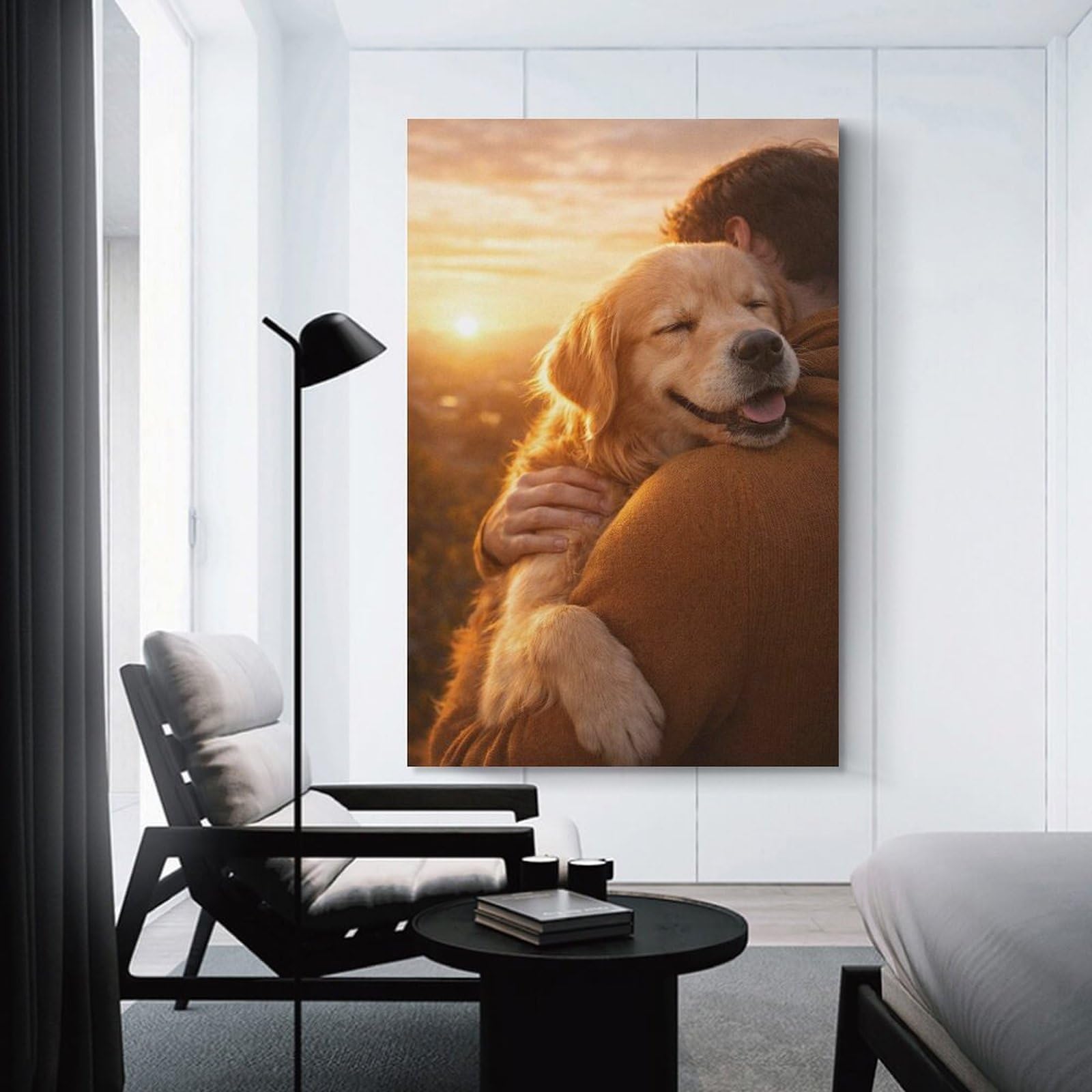 Junmoney Golden Retriever Hugged at Sunset Canvas Art Print, 24x36inch(60x90cm), for Hallway, Bedroom Or Modern Interiors, A Wall Art Gift for Fresh Interiors