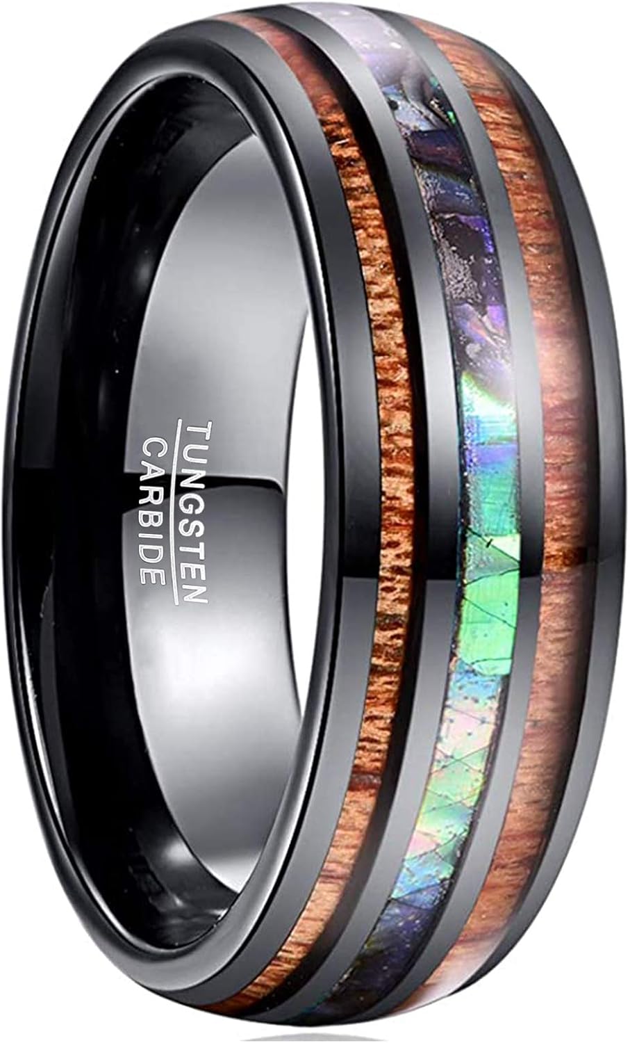 Vakki 6mm/8mm Tungsten Rings for Men Hawaiian Koa Wood Inlay Dome Abalone Shell/Blue Center Wedding Bands Comfort Fit Size 4 to 17