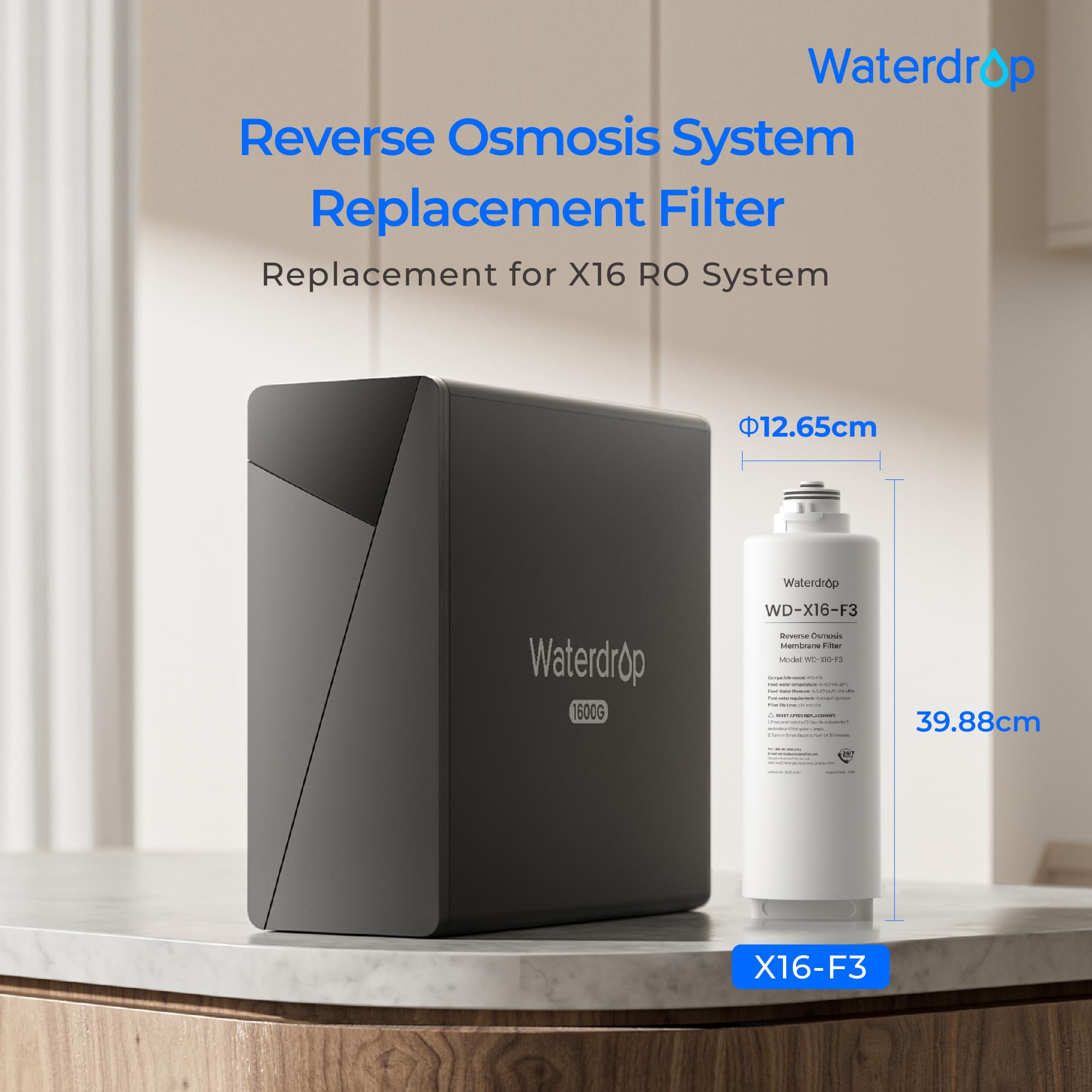 Waterdrop Filtro WD-X16-F3, repuesto para sistema de ósmosis inversa WD-X16 1600 GPD, vida útil de 24 meses, reduce el PFAS