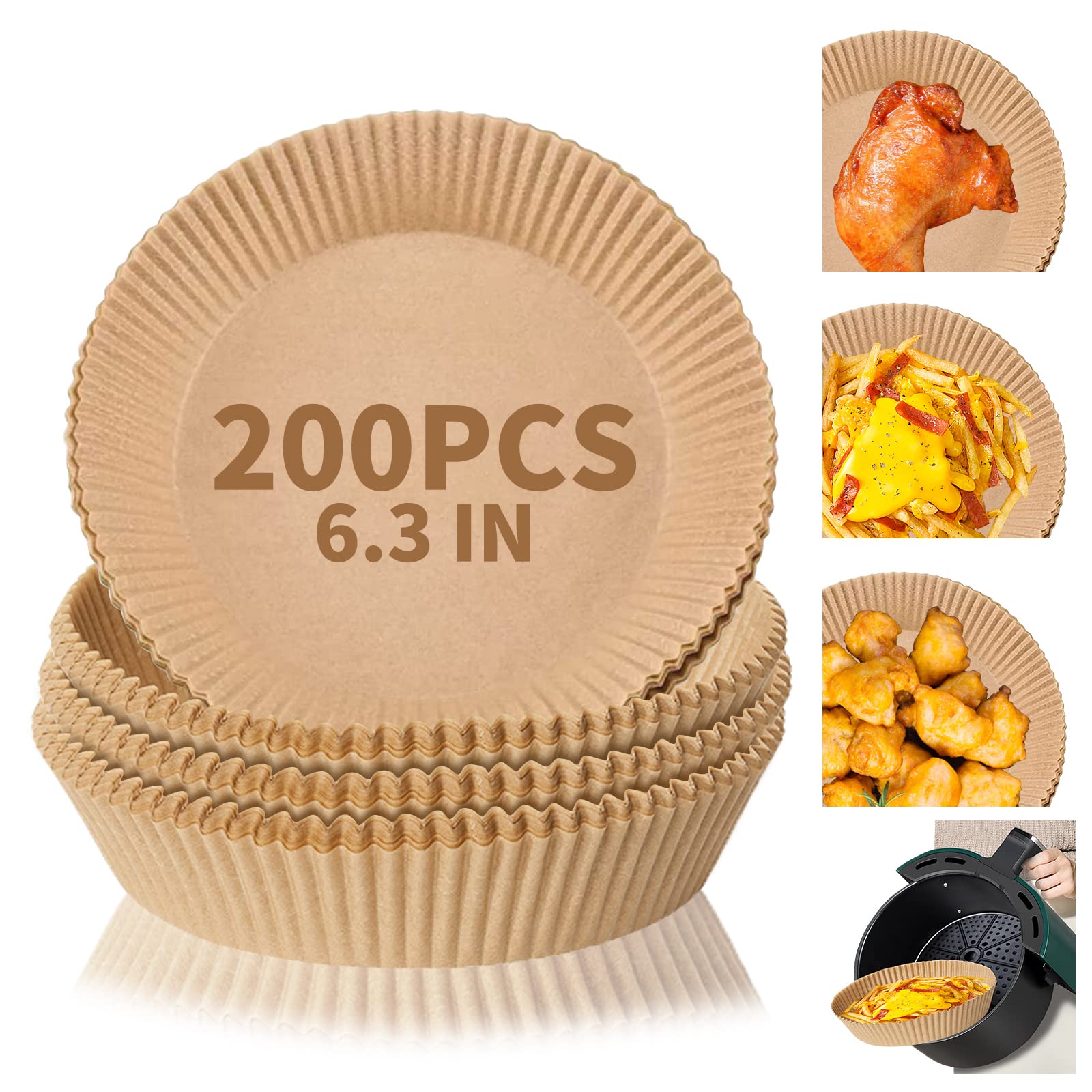 Mafuken 200PCS Air Fryer Disposable Paper Liners, 6.3In Round Air Fryer Parchment Paper Liners, Natural Food Grade, Non-Stick, Oil & Water Proof, Baking Paper Liners for Air Fryer