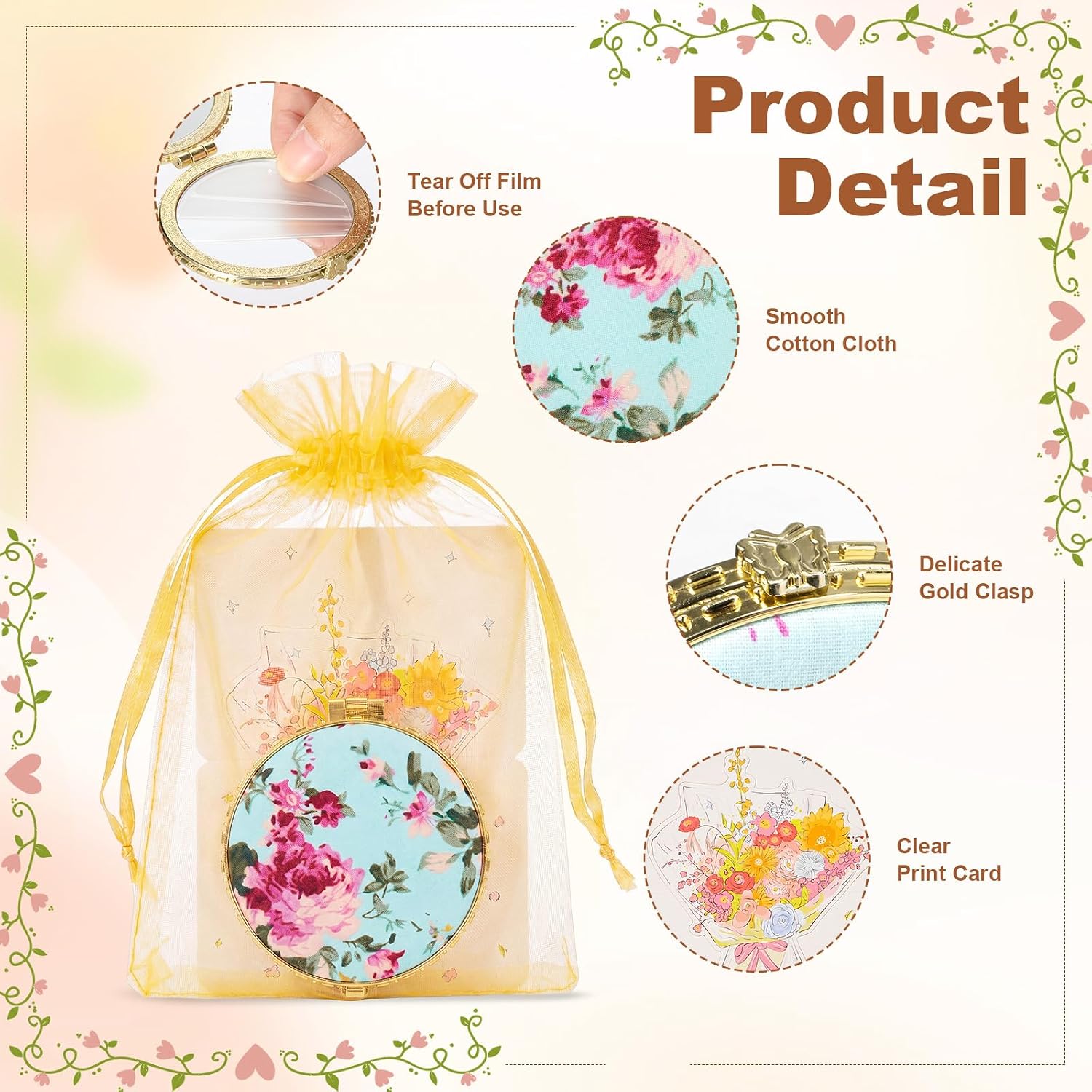 Amyhill 12 Sets Tea Party Favor Floral Compact Mirror for Purse Return Gifts for Pooja Thank You Cards Organza Bags Vintage Folding Makeup Pocket Mirrors for Women Wedding Travel (Peony,Gold Edge)