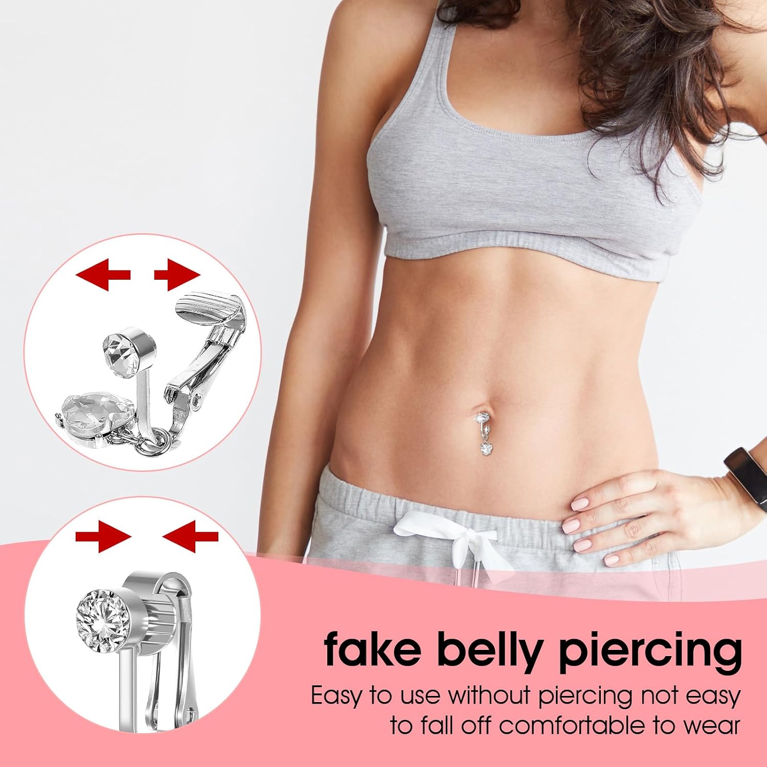 Ymapinc 3PCS Non Piercing Belly Button Jewelry for Women, Silver Clip On Fake Ring with Flower Heart Butterfly