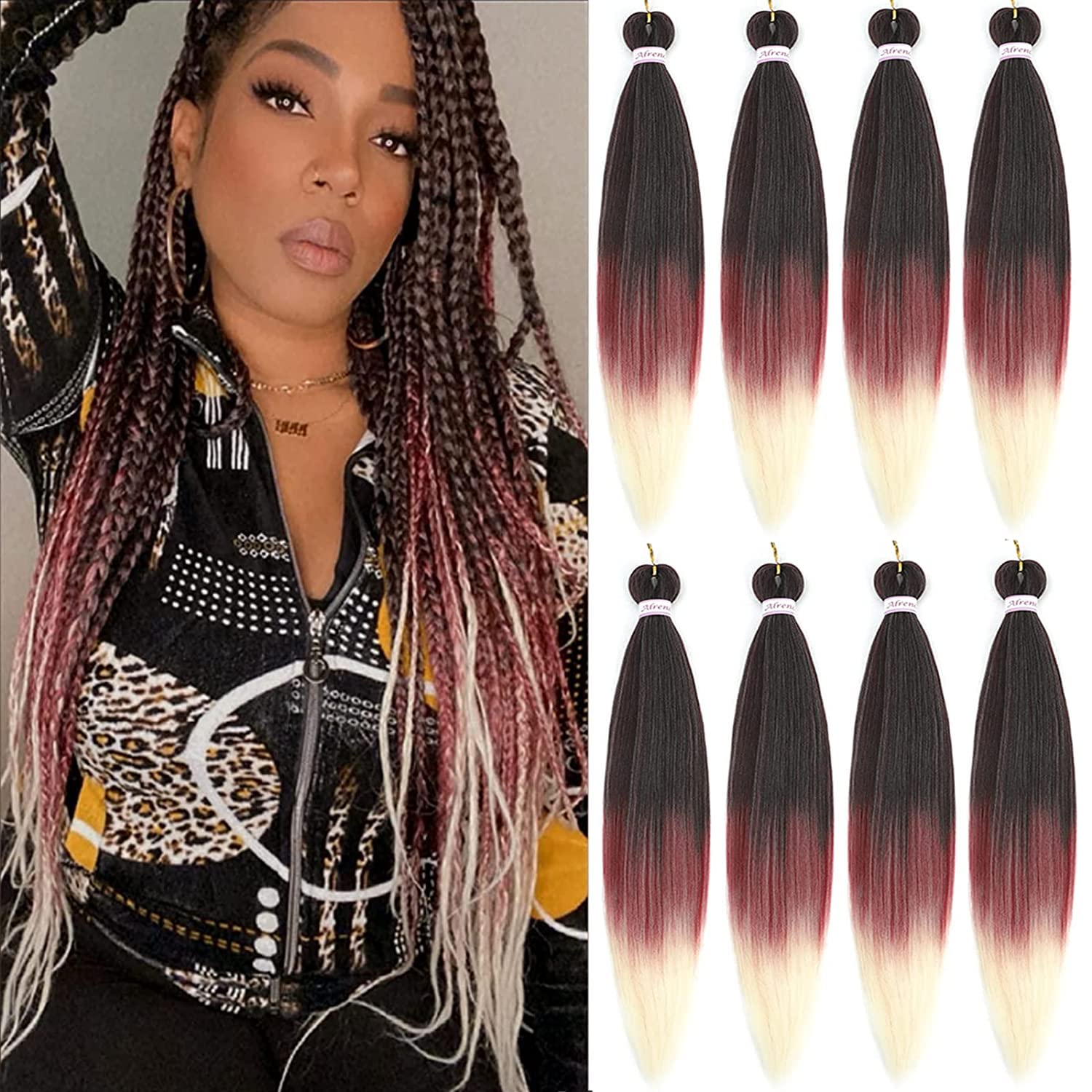 Alrence Pre Stretched Braiding Hair Long Braid 30 Inch 8 Packs Professional Braiding Hair Extensions Synthetic Crochet Twist Braids (30 Inch, 1B/Red/