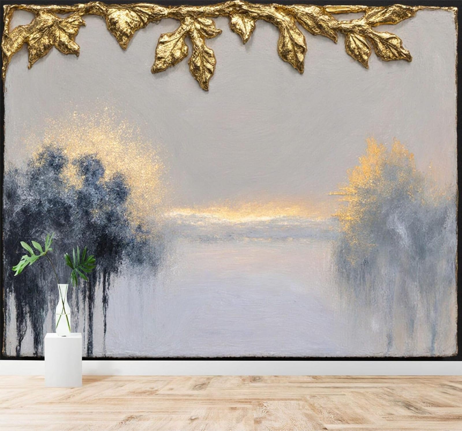 XLMING Abstract Forest Gold Leaves Misty Landscape 3D Wallpaper Premium Textured Silk Study Dining Living Room Bedroom Sofa TV Wall Easy Install-400cm×280cm