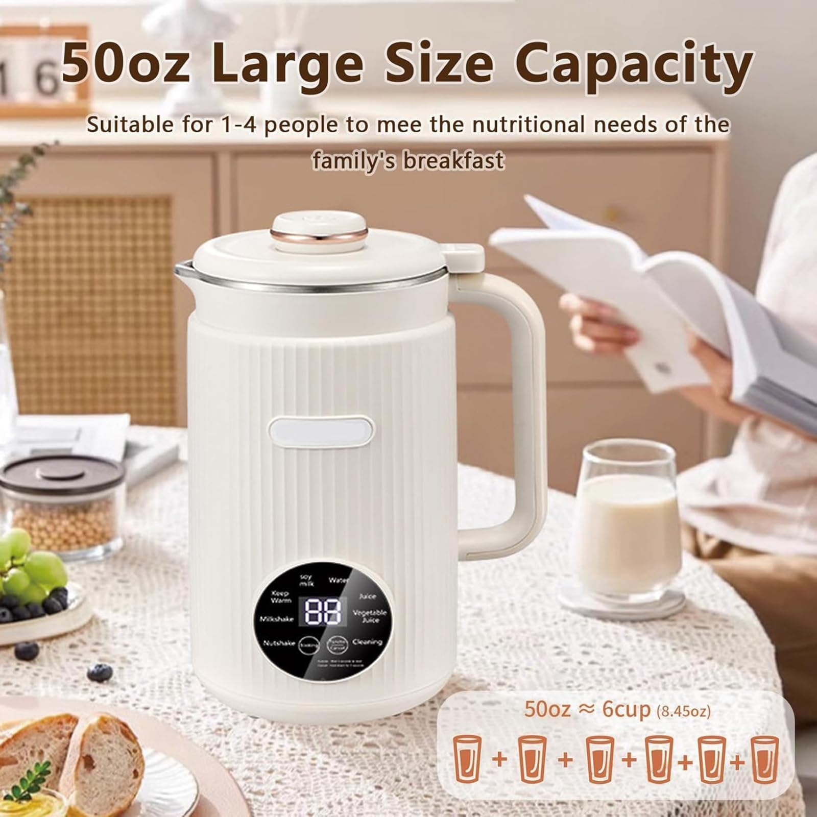 Ekspres do mleka sojowego, ekspres do mleka orzechowego o pojemności 1200 ml, wyświetlacz LED, 12-godzinny timer, 8 funkcji, system cięcia z 10 ostrzami ze stali nierdzewnej, model kuchni domow green